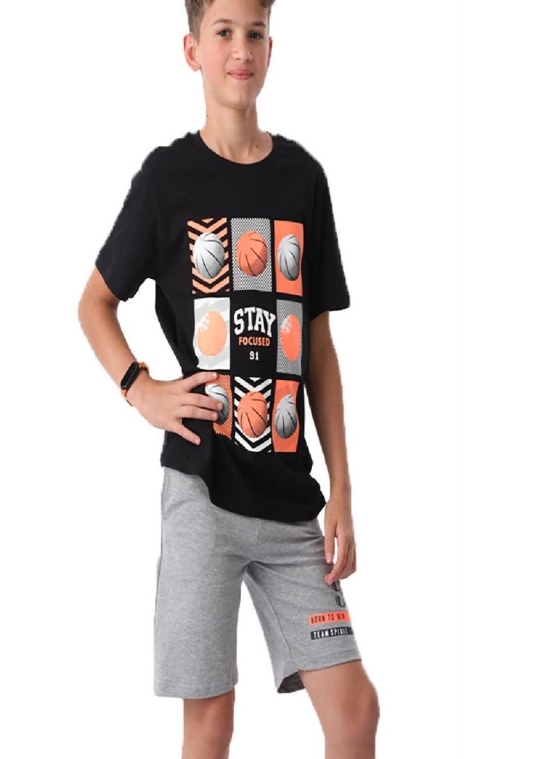 Urbasy Boys/Teens Printed Round Neck black T-Shirt With Grey solid Shorts set - Image 3