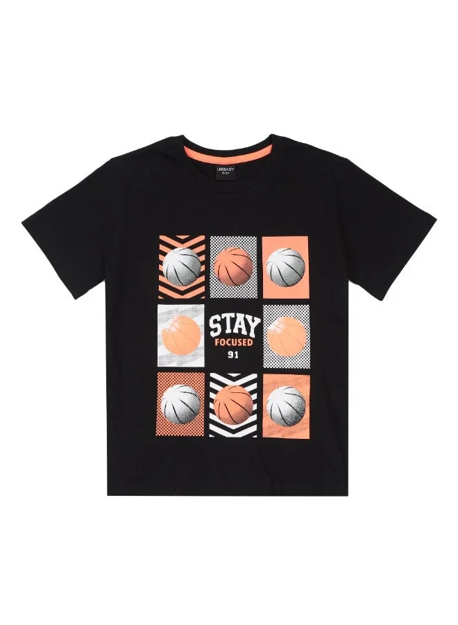 URBASY Urbasy Boys/Teens Printed Round Neck black T-Shirt With Grey solid Shorts set