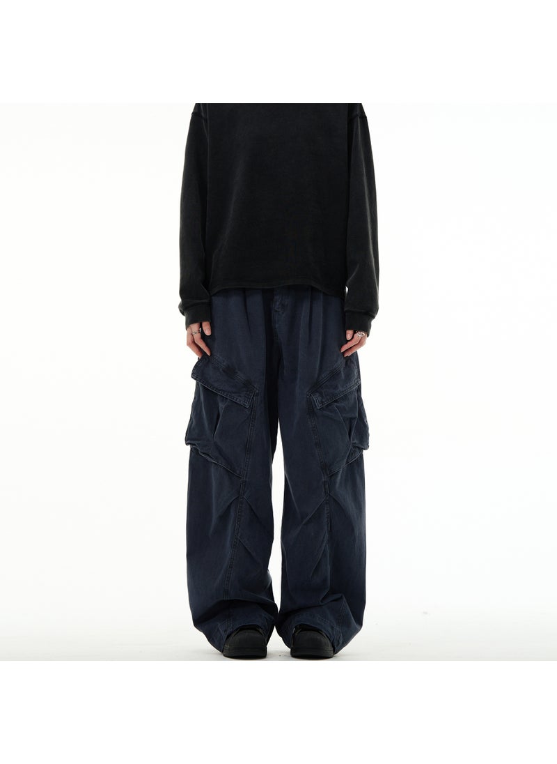 Generic - Japanese Vintage Loose-Fit Wide-Leg Heavy-Duty 3D Pocket Casual Cargo Pants Hip Hop Trendy Brand Casual Pants For Men Navy blue - Image 1