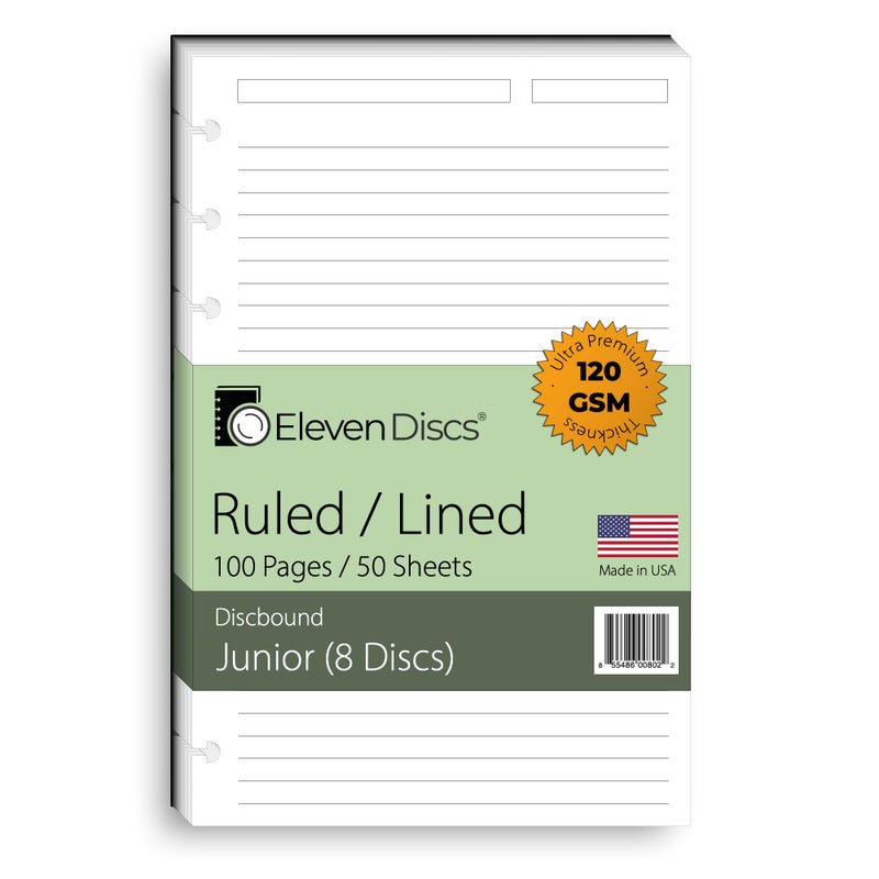 Eleven Discs Discbound Paper, Junior Size Ruled Sheets - Premium 120gsm Heavyweight Notebook & Planner Refills - 8 Discs, 5.5 x 8.5 in - Punched for Circa, Arc, TUL (50 Sheets) - Image 1