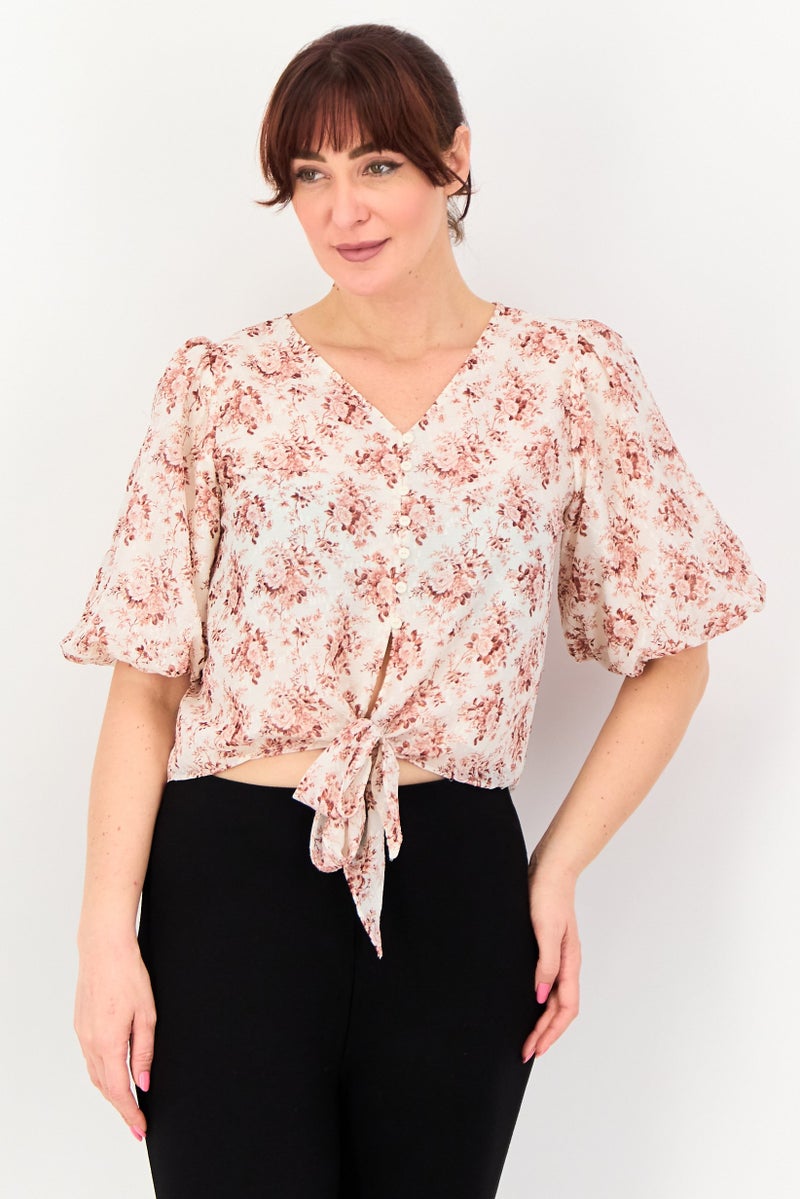 VERO MODA Women V Neck Balloon Sleeve Floral Print Blouse, Multicolor - Image 1