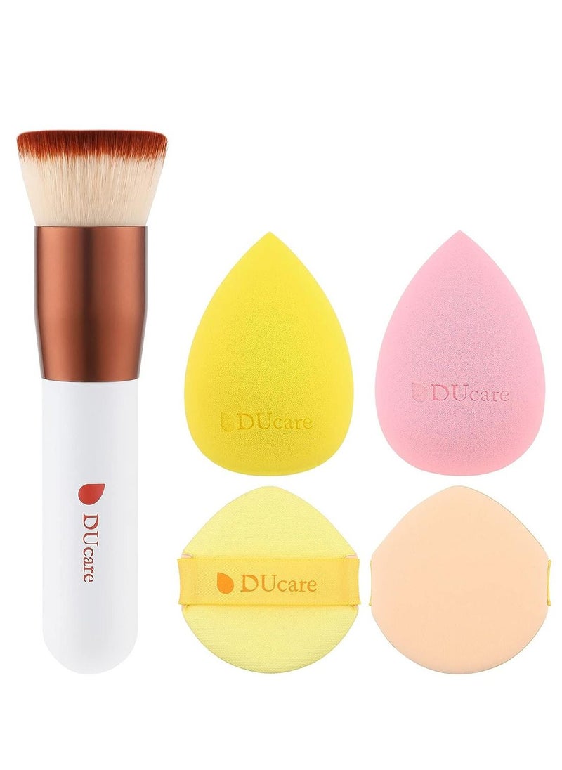 DUcare Foundation Brush with Makeup Sponges Puffs Flat Top Kabuki Brush for Liquid Blending Mineral Powder Buffing Stippling  - Image 1