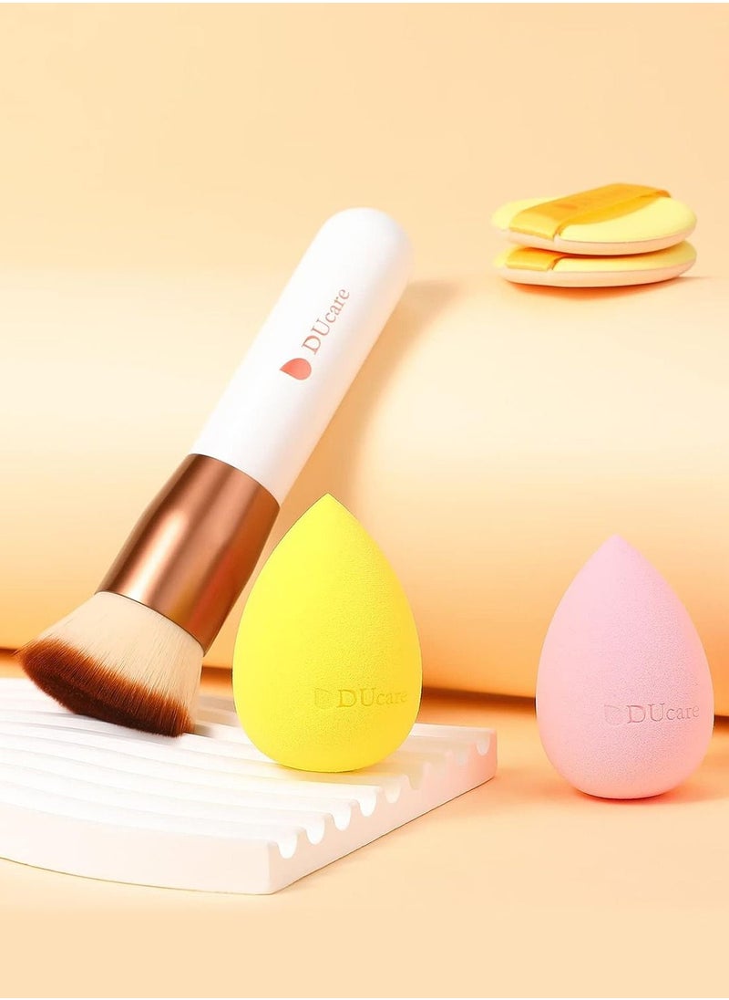 DUcare Foundation Brush with Makeup Sponges Puffs Flat Top Kabuki Brush for Liquid Blending Mineral Powder Buffing Stippling  - Image 2