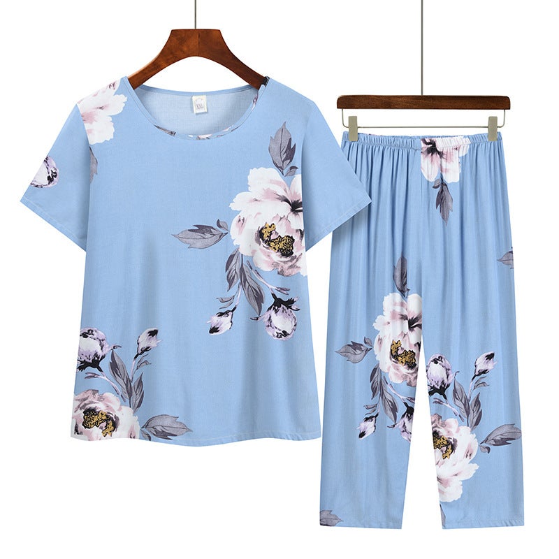 Mothers Round Neck Printed Top Womens Summer Cotton Silk Suit Middle-aged and Elderly Short-sleeved Capri Pants Two-piece Set for Outer Wear No. 4 color