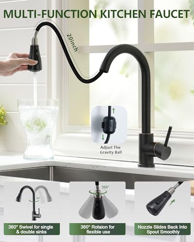 VFAUOSIT Oil Rubbed Bronze Faucet with Pull Down Sprayer - Bronze Kitchen Sink Faucet, Single Handle, Single or 3 Hole, Sprayer - Image 3