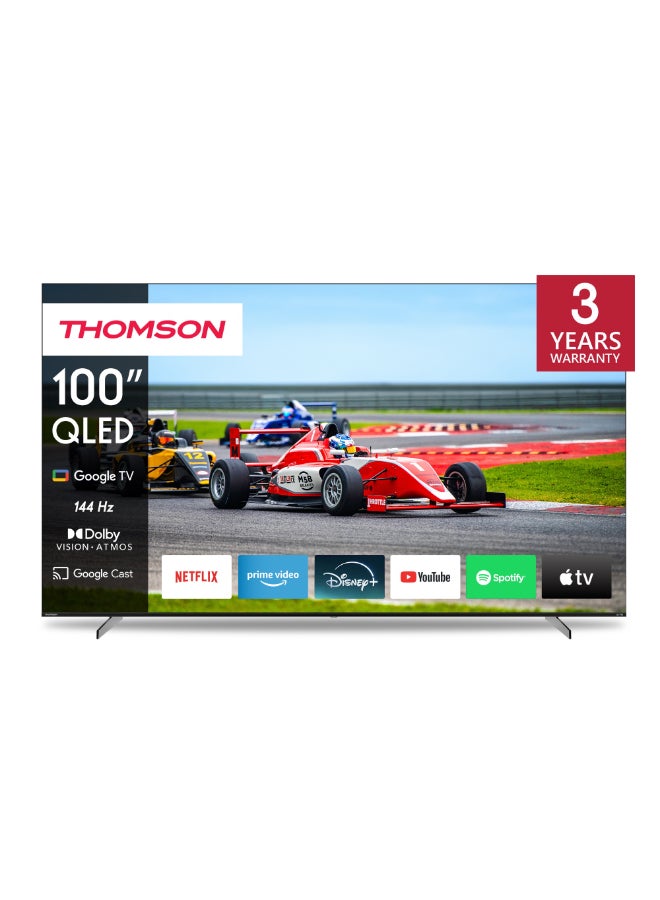 Thomson تلفاز Thomson 100 بوصة QLED Pro Google بتصميم قاعدة مركزية - موديل 2025 بمعدل تحديث 144 هرتز 4K UHD، Dolby Vision و Atmos، تحكم صوتي ذكي، مساعد صوتي من Google، شاشة بدون إطار، تلفاز فاخر - Image 1