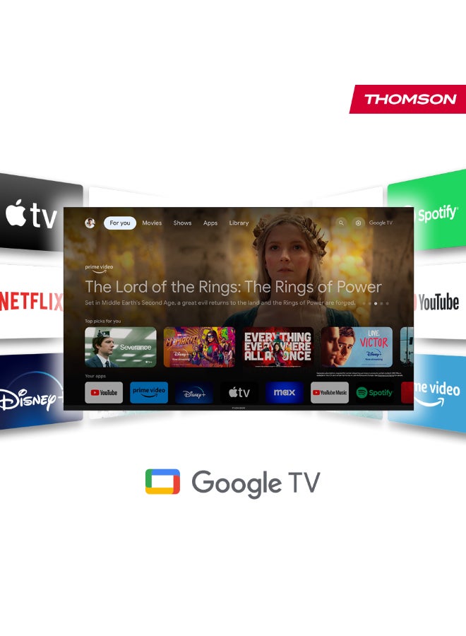 Thomson تلفاز Thomson 100 بوصة QLED Pro Google بتصميم قاعدة مركزية - موديل 2025 بمعدل تحديث 144 هرتز 4K UHD، Dolby Vision و Atmos، تحكم صوتي ذكي، مساعد صوتي من Google، شاشة بدون إطار، تلفاز فاخر - Image 2