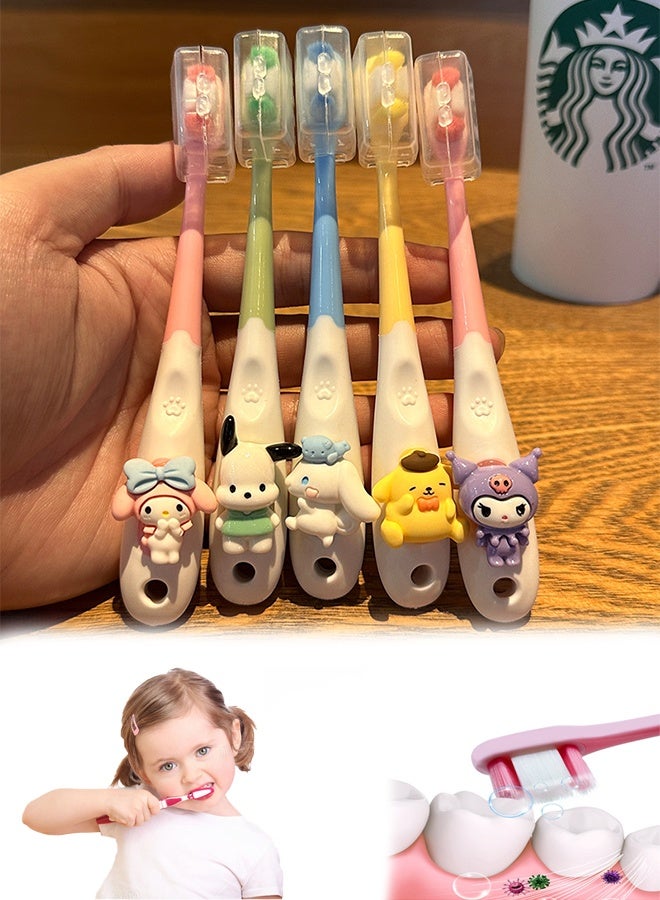سانريو عبوة من 5 فرش أسنان للأطفال بشعيرات ناعمة برسومات كرتونية وفرشاة أسنان سانريو لطيفة للأطفال، مناسبة للأطفال من سن 3 إلى 12 عامًا برسومات هالو كيتي. - Image 1