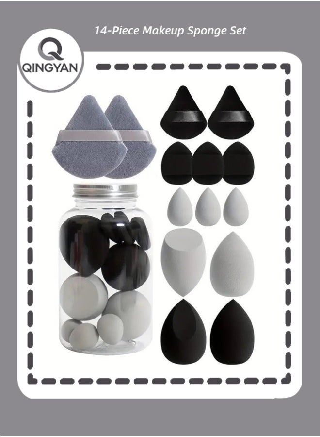 QINGYAN 14-Piece Makeup Sponge Set- Multi soft color Mini Makeup Sponge, Powder Puff Long Lasting Beauty Sponge Wet & Dry Use for Women (Black) - Image 1