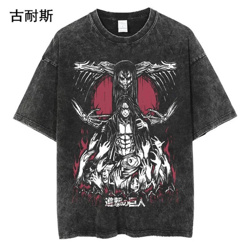 American Street Washed Old Cartoon Animation Printing Lazada Short-Sleeved T-Shirt Heavy - Image 1