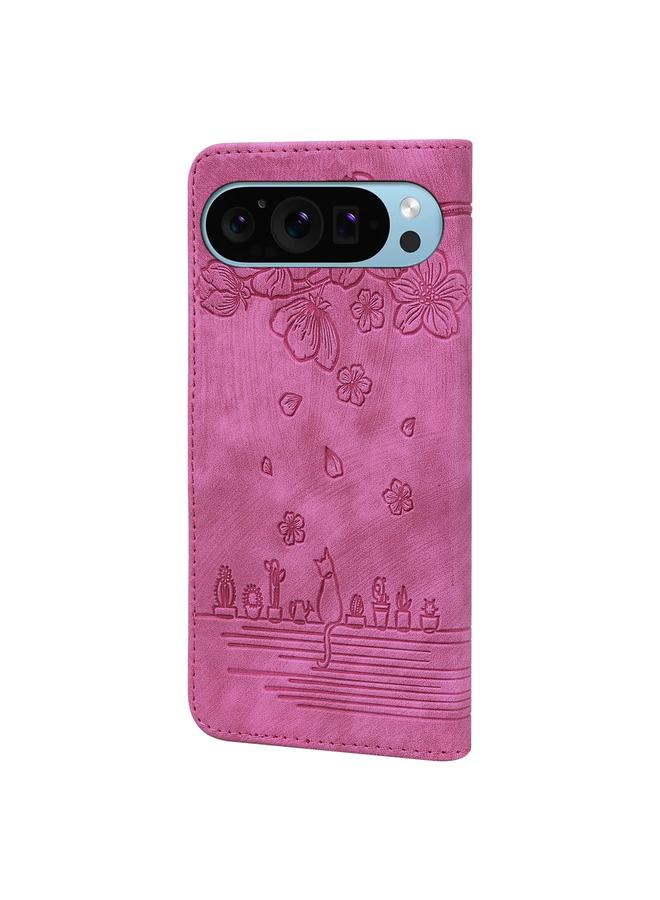 S-TOP Case For Google Pixel 9 / 9 Pro Cartoon Sakura Cat Embossed Leather Phone Case - Image 3