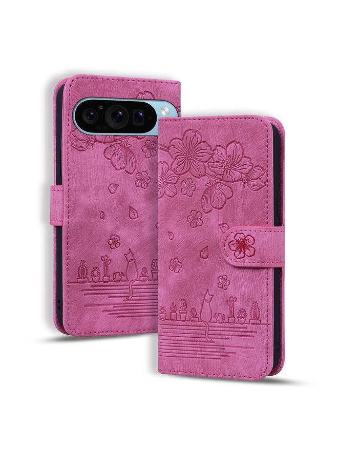 S-TOP Case For Google Pixel 9 / 9 Pro Cartoon Sakura Cat Embossed Leather Phone Case - Image 1