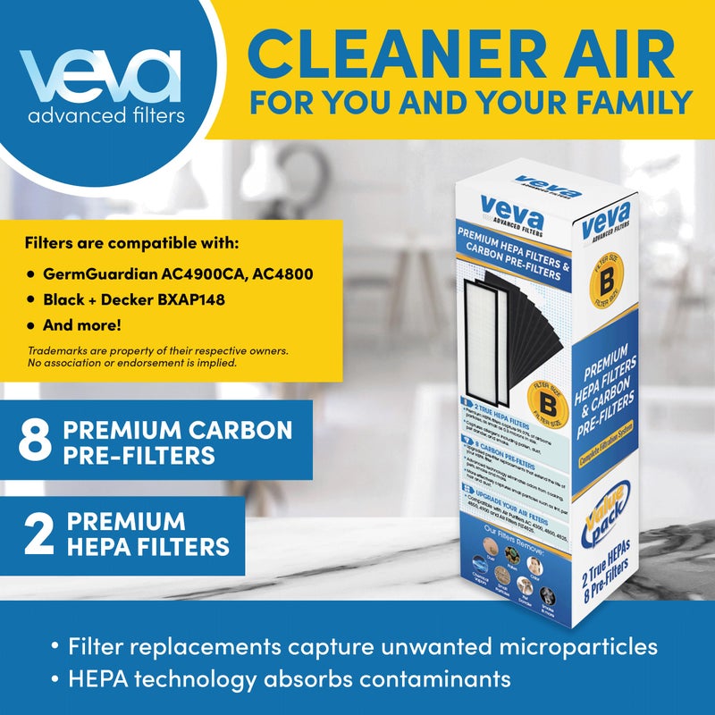 Veva HEPA Filter B Replacement, Compatible with Germ Guardian AC4825, AC4900CA, AC4850PT, AC4820 Air Purifier and FLT4825. Pack of 2 HEPA Filters / 8 Carbon Pre-Filters - Image 2