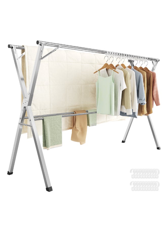 SONGMICS حامل تجفيف الملابس من سونغميكس، حامل تجفيف غسيل قوي، قابل للتعديل من 133-200 سم، قابل للطي، قائم بذاته، مصنوع من الفولاذ المقاوم للصدأ، للاستخدام الداخلي والخارجي، رمادي فاتح - Image 1