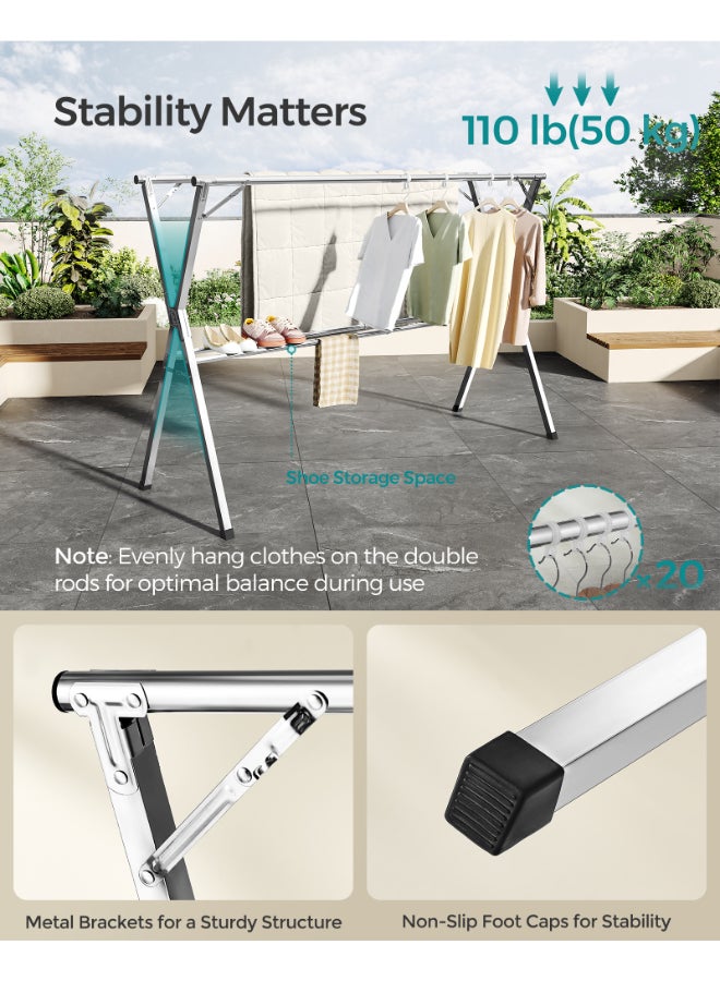 SONGMICS حامل تجفيف الملابس من سونغميكس، حامل تجفيف غسيل قوي، قابل للتعديل من 133-200 سم، قابل للطي، قائم بذاته، مصنوع من الفولاذ المقاوم للصدأ، للاستخدام الداخلي والخارجي، رمادي فاتح - Image 3