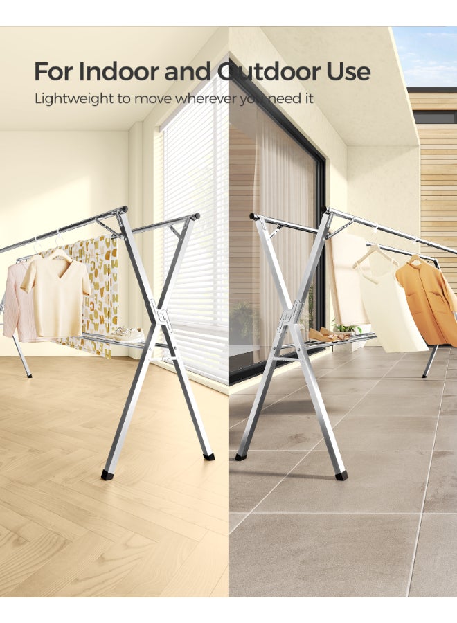 SONGMICS حامل تجفيف الملابس من سونغميكس، حامل تجفيف غسيل قوي، قابل للتعديل من 133-200 سم، قابل للطي، قائم بذاته، مصنوع من الفولاذ المقاوم للصدأ، للاستخدام الداخلي والخارجي، رمادي فاتح - Image 4