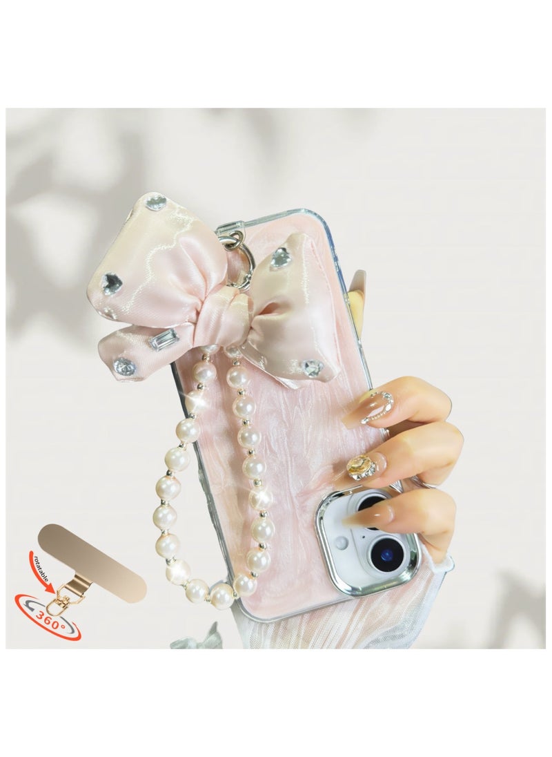 Generic Phone Charm , Pearl Bow Beaded Phone Chain lanyards, Anti-Lost Charm Wrist Strap Phone Lanyard Wrist Strap Keychain with Stainless steel 360 degree rotating clip metal chain for Wallet Handbag Camera Cell Decoration  - Image 2