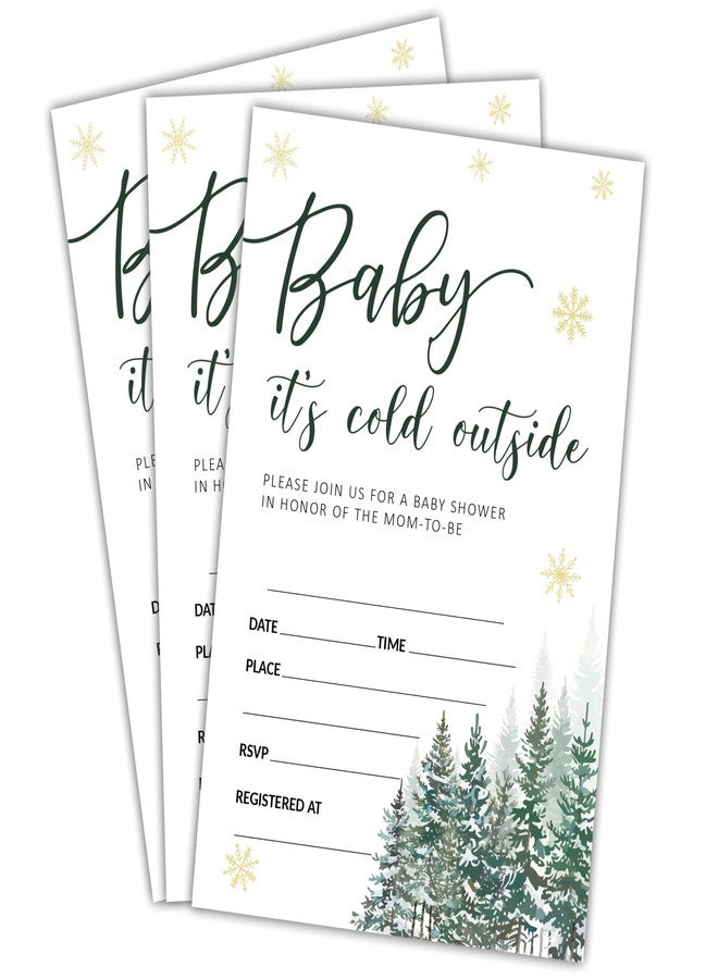 NYCTUG Baby It's Cold Outside Shower Invitations - 25 Gold Snow In The Pines Invites With Envelopes For Gender Reveal, Baby Announcement, Gender Neutral New Born Baby Party Favor & Supplies - B12 - Image 1
