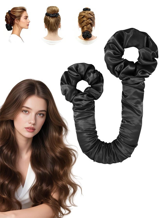 Black Large Satin 2-in-1 Heatless Hair Curler, Hair Tie & Curling Rod with Scrunchie Overnight No Heat Big Curls for Women Gift - Image 1