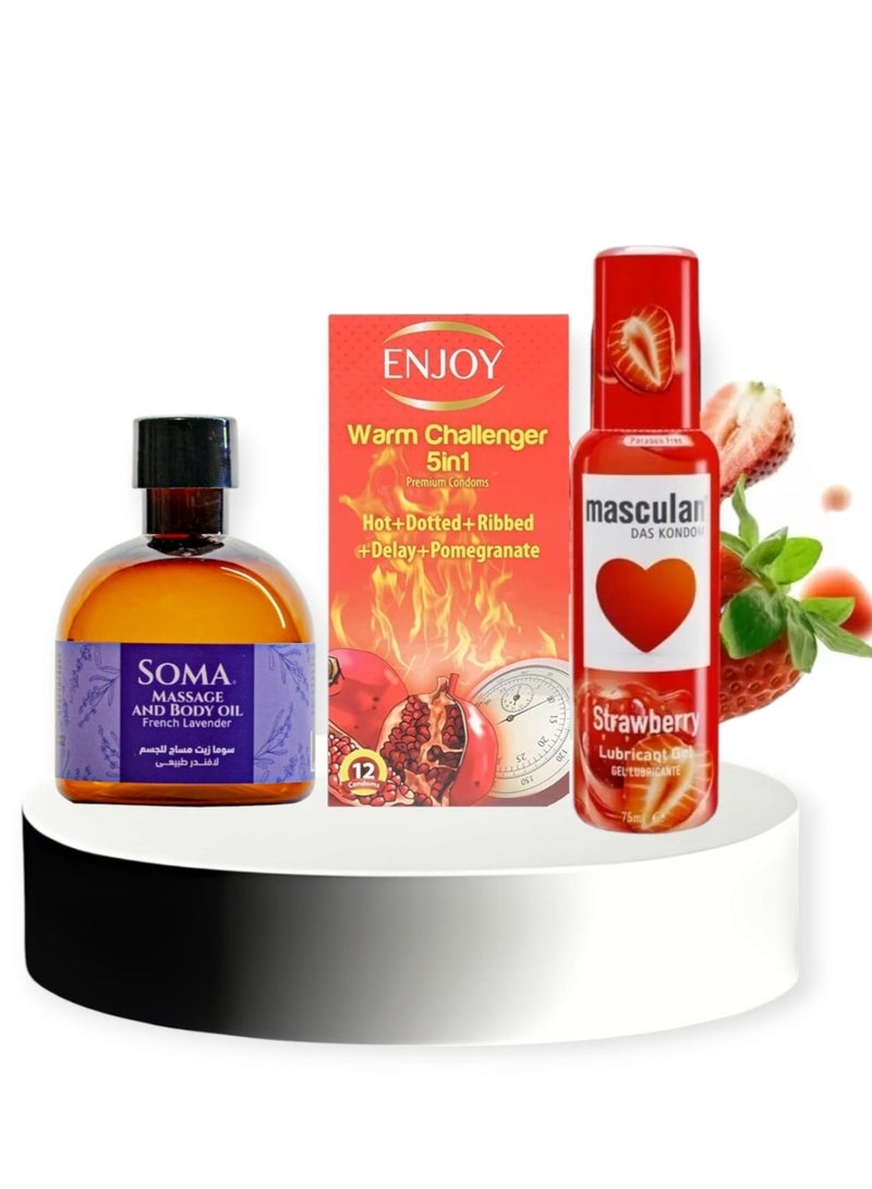 Strawberry-flavored intimate lubricant with a 12-piece condom and lavender massage oil