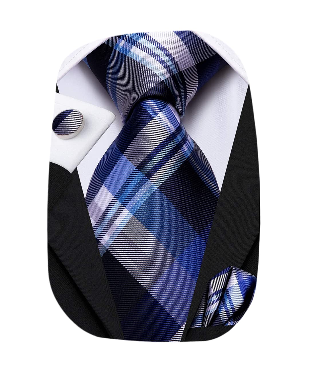Hi-Tie Mens Plaid Ties Classic Paisley Necktie with Handkerchief Cufflinks Set Business Stripe Tie,Blue Grey