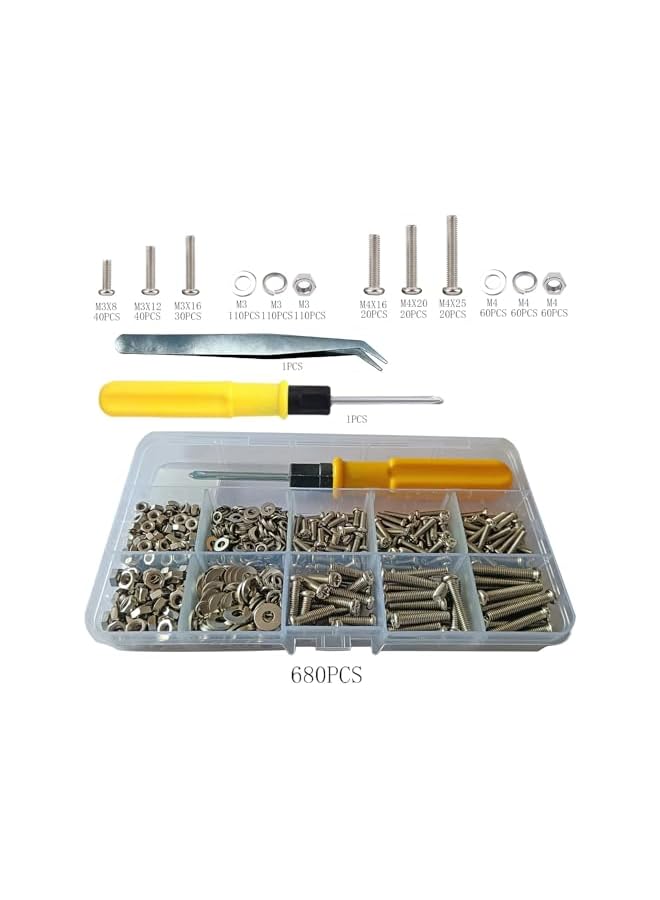 PROMASS 680pcs Screw, Nut and Bolt Classification Kit with Double-Headed Screwdriver and Stainless Steel Tweezers M3 M4 Nut and Bolt Classification, Suitable for DIY Projects - Image 2