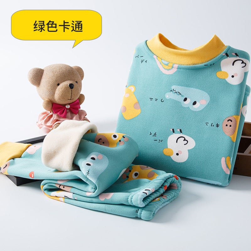 Children'S Mid-Collar Fleece-Lined Thick Thermal Underwear Suit Boys And Girls Bottoming Baby Children'S Clothing Autumn Clothes Long Pants - Image 1