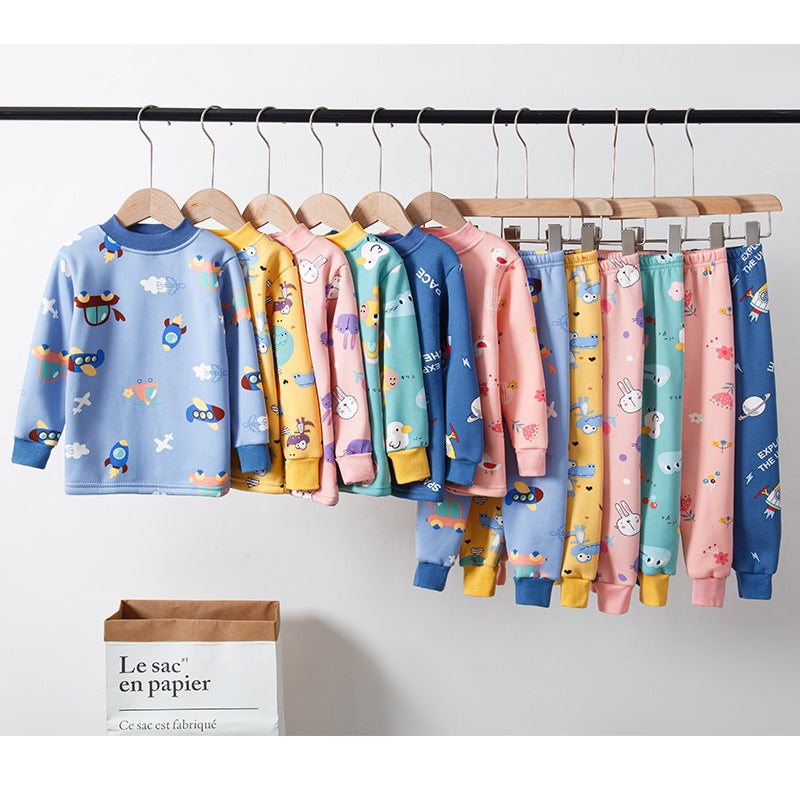 Children'S Mid-Collar Fleece-Lined Thick Thermal Underwear Suit Boys And Girls Bottoming Baby Children'S Clothing Autumn Clothes Long Pants - Image 3