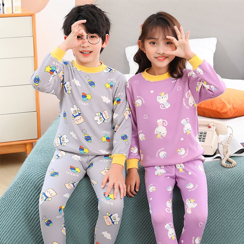 Children'S Mid-Collar Fleece-Lined Thick Thermal Underwear Suit Boys And Girls Bottoming Baby Children'S Clothing Autumn Clothes Long Pants - Image 2