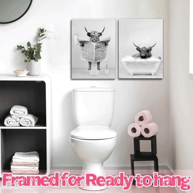 Riveda Framed 2 Pieces Bathroom Wall Art Funny Highland Cow Canvas Cow in Bathtub prints Cute Animal Abstract Prints Modern Home D?cor Pictures for Bathroom Humor Animals Poster Rustic Farmhouse Decoration 12""x16""x2 - Image 2