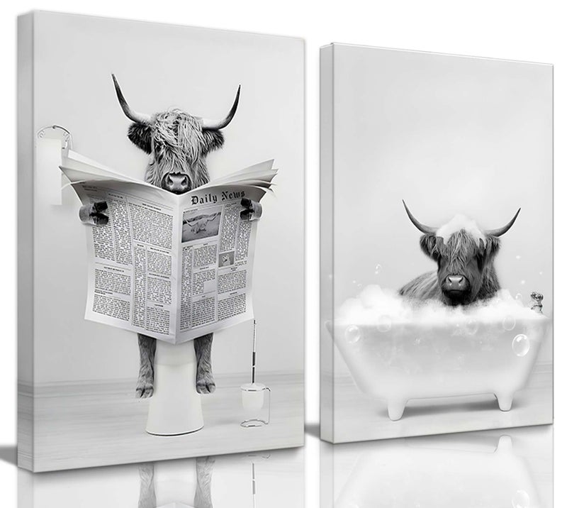Riveda Framed 2 Pieces Bathroom Wall Art Funny Highland Cow Canvas Cow in Bathtub prints Cute Animal Abstract Prints Modern Home D?cor Pictures for Bathroom Humor Animals Poster Rustic Farmhouse Decoration 12""x16""x2 - Image 1