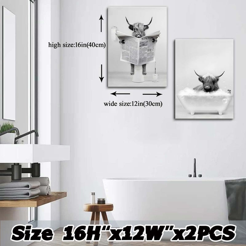 Riveda Framed 2 Pieces Bathroom Wall Art Funny Highland Cow Canvas Cow in Bathtub prints Cute Animal Abstract Prints Modern Home D?cor Pictures for Bathroom Humor Animals Poster Rustic Farmhouse Decoration 12""x16""x2 - Image 3
