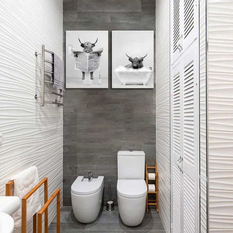 Riveda Framed 2 Pieces Bathroom Wall Art Funny Highland Cow Canvas Cow in Bathtub prints Cute Animal Abstract Prints Modern Home D?cor Pictures for Bathroom Humor Animals Poster Rustic Farmhouse Decoration 12""x16""x2 - Image 4