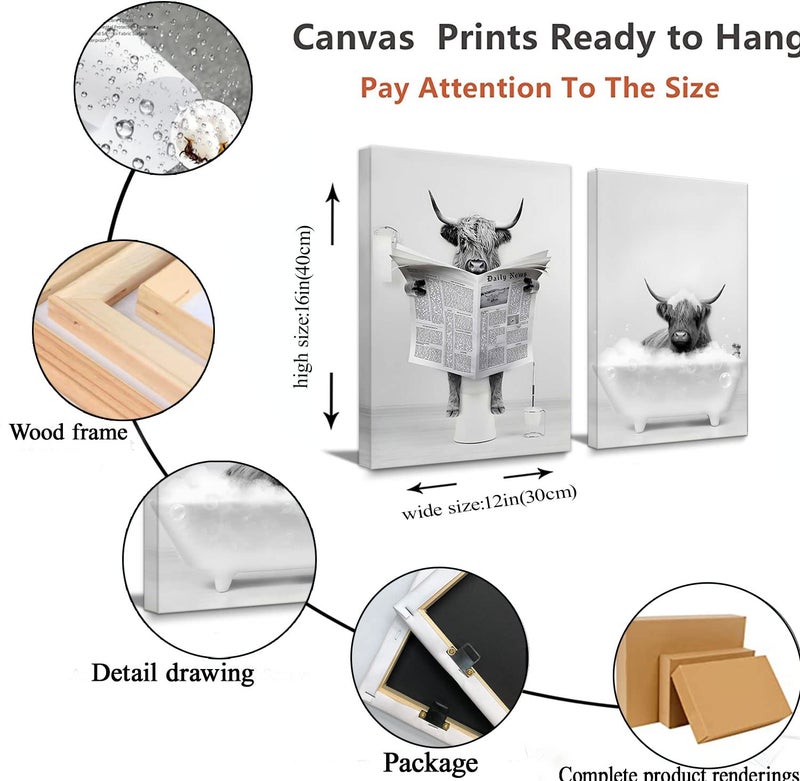 Riveda Framed 2 Pieces Bathroom Wall Art Funny Highland Cow Canvas Cow in Bathtub prints Cute Animal Abstract Prints Modern Home D?cor Pictures for Bathroom Humor Animals Poster Rustic Farmhouse Decoration 12""x16""x2 - Image 5