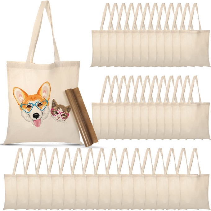 40 PCS CANVAS TOTE BAGS BULK SUBLIMATION BLANK NATURAL COTTON TOTE REUSABLE GROCERY CLOTH LARGE SHOPPING BAGS AND PTFE SHEET FOR IRON ON HEAT TRANSFER DIY CRAFT GIFT WHITE