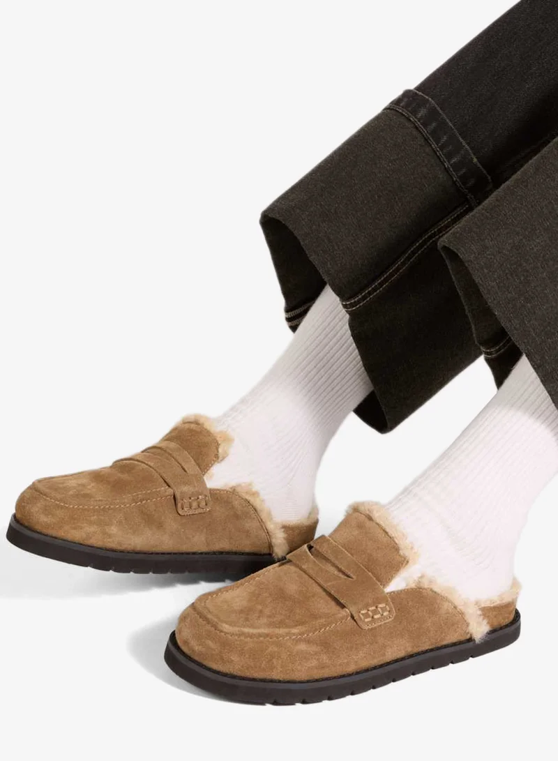 Dune London Faux Shearling Lined Backless Mule Suede Loafers