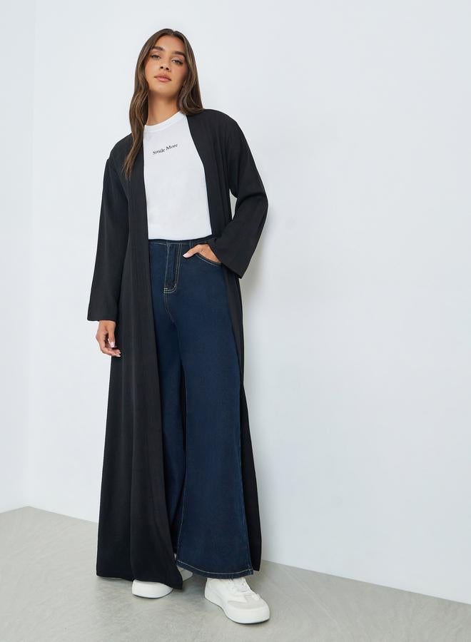 Amirah Black Front Open Linen Look Abaya - Image 1