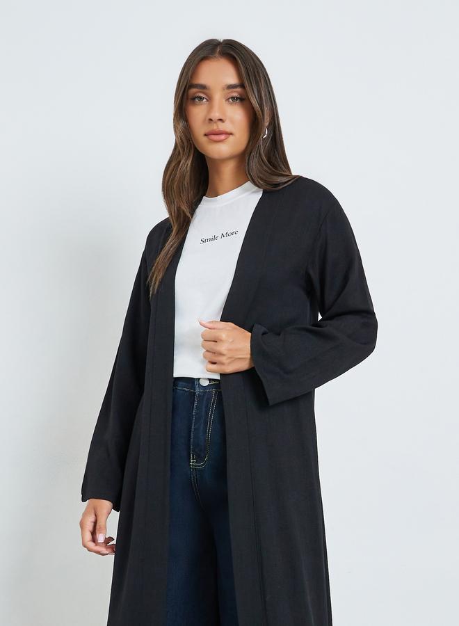Amirah Black Front Open Linen Look Abaya - Image 2