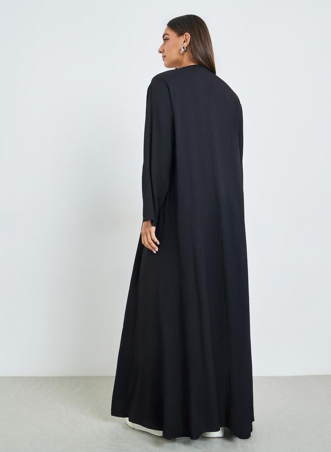 Amirah Black Front Open Linen Look Abaya - Image 3