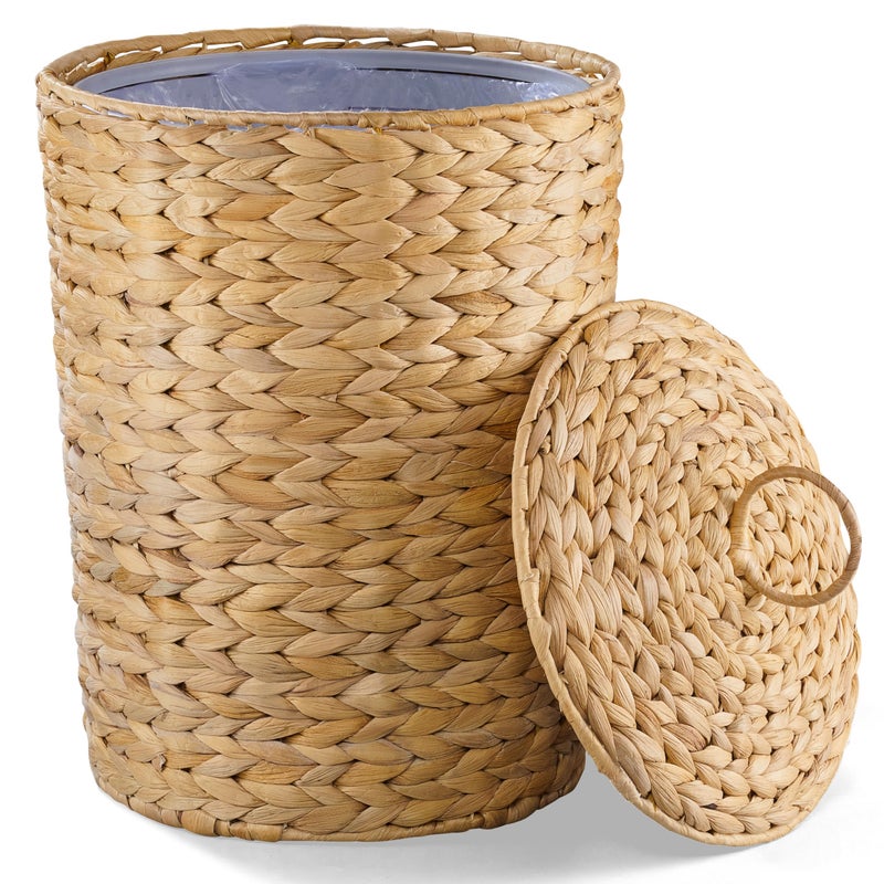 BLUEWEST 45 Gallons Wicker Trash Can with Lid and Removable Liner Wicker Rattan Bathroom Trash Can Large Woven Bin for Office Hyacinth Waste Basket for Bedroom Living Room Kitchen