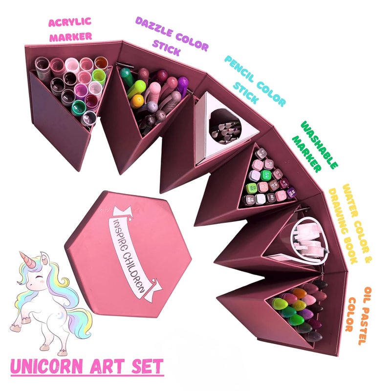 Kitchen Bloom Color Kit Art Set for Kids, 145 Pieces Drawing Kit with Colour Pencils, Oil Pastels, Paint Brushes, Water Colours, Marker Pens, Color Set for Kids (Unicorn (Hexagon-83 pcs)) - Image 2