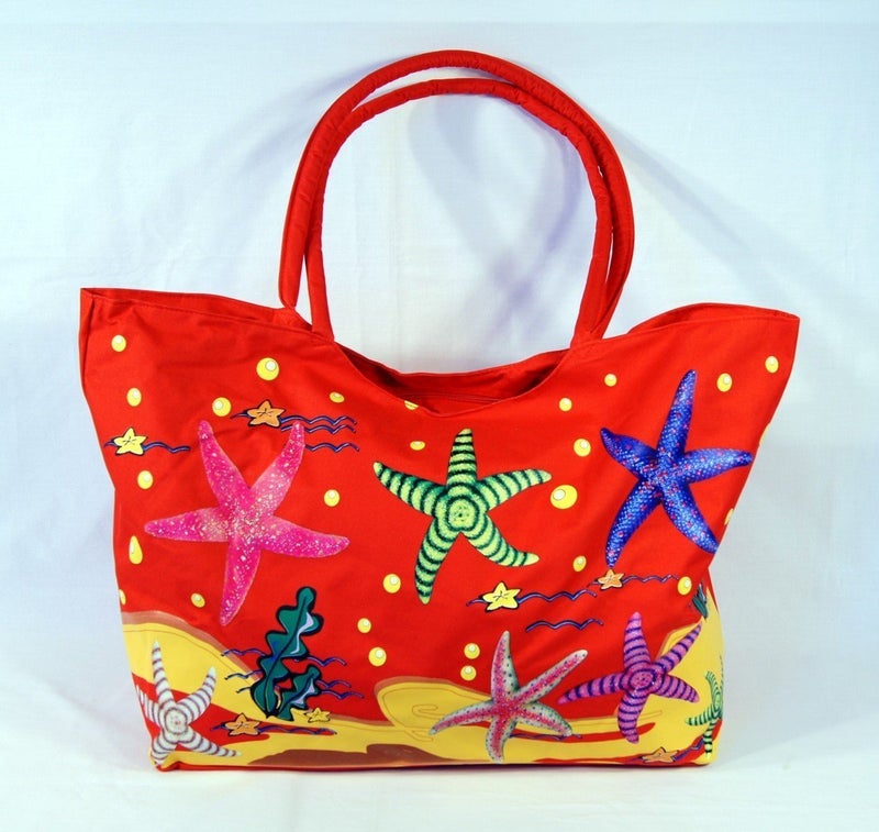 Star Water Resistent Jumbo Red Canvas Beach Tote Bag Sea Starfish Design Zipper Closure 24 X 15 X 6