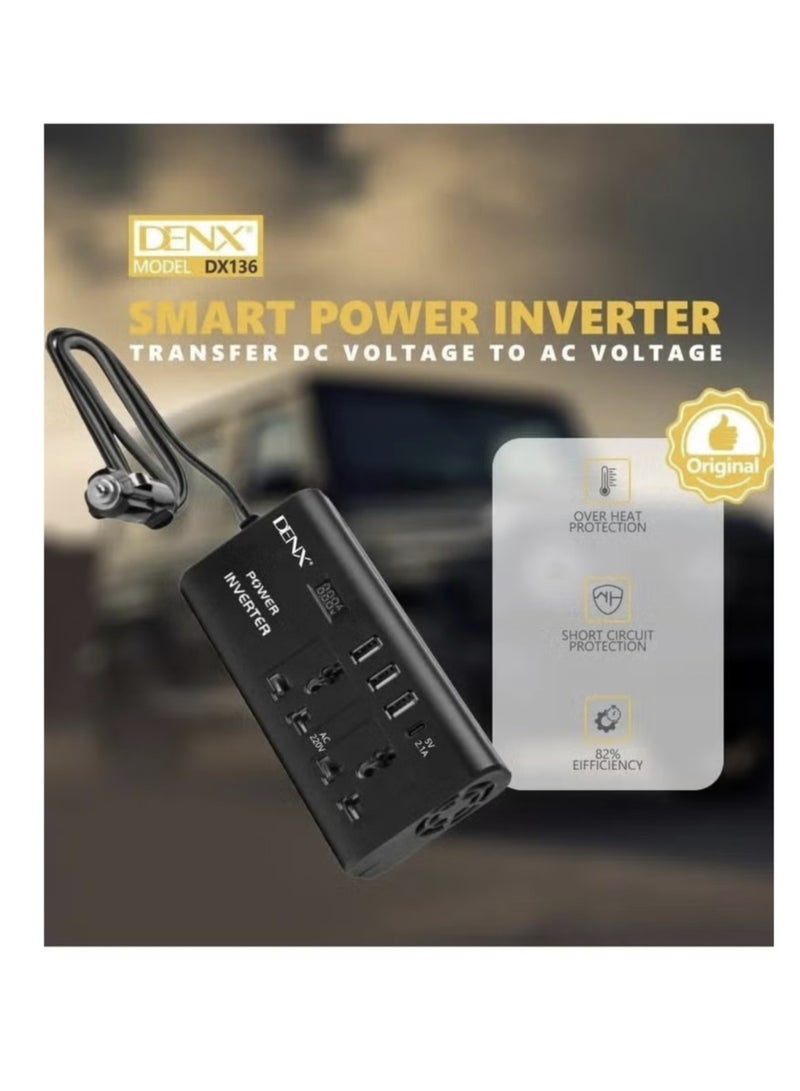 دينكس محول طاقة للسيارة، من 12 فولت إلى 220 فولت، موجة جيبية معدلة عالية التردد، 300 وات، متعدد المنافذ، منفذ USB + منفذ Type-C، بالإضافة إلى محول بطارية - Image 3