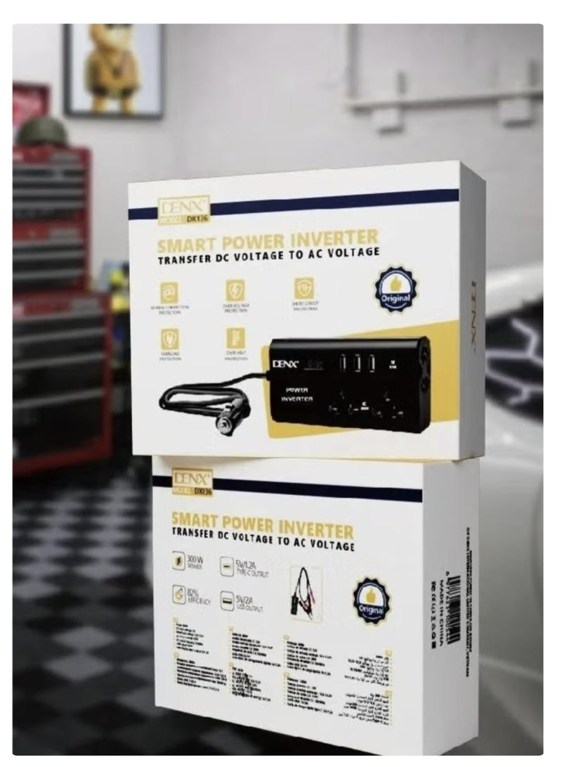دينكس محول طاقة للسيارة، من 12 فولت إلى 220 فولت، موجة جيبية معدلة عالية التردد، 300 وات، متعدد المنافذ، منفذ USB + منفذ Type-C، بالإضافة إلى محول بطارية - Image 4