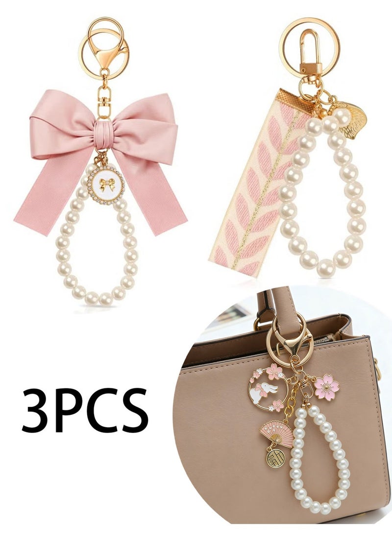 3Pcs Pink Bow Keychain for Women, Pearl Wristlet Keyring, Car Keys Handbag Purse Pendant, Cute Bag Charm Accessory, Elegant Key Holder for Purse, Handbag, Backpack, Ideal Gift for Girls (Light Pink) - Image 1