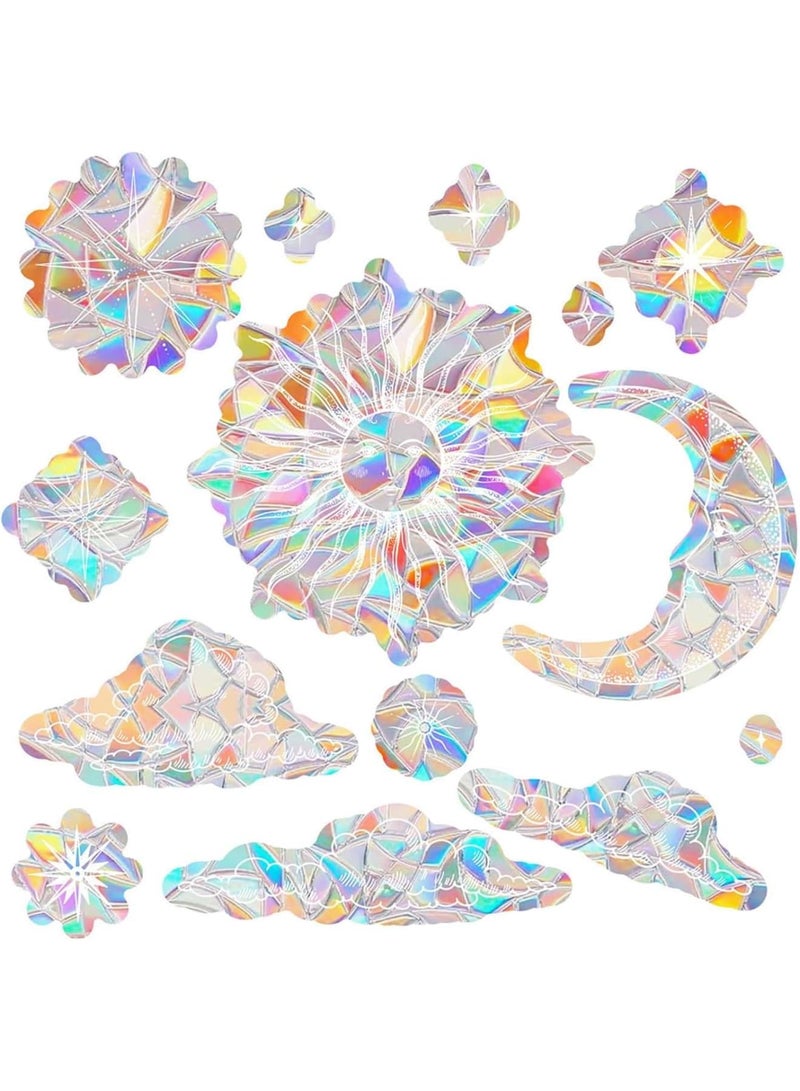 SYOSI Window Stickers for Sun, Moon, and Nebula, Double-Sided Glass Decals, Reusable Shiny Rainbow Prism Anti-Collision Window Clings for Mirror Glass, Shop, Office, School, 15pcs - Image 1