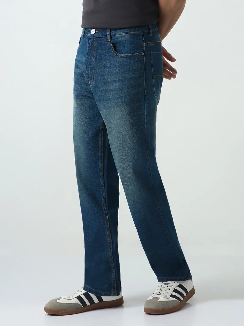 أوربانو فاشن Urbano Fashion Men's Blue Straight Fit Heavy Washed Jeans Stretchable