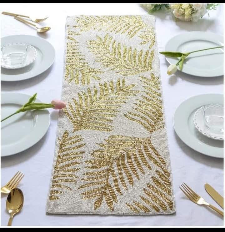 AIVIK Premium Handcrafted Beautiful Beaded Dinning Table Runner 1336 Golden Leafy Desgin - Image 5
