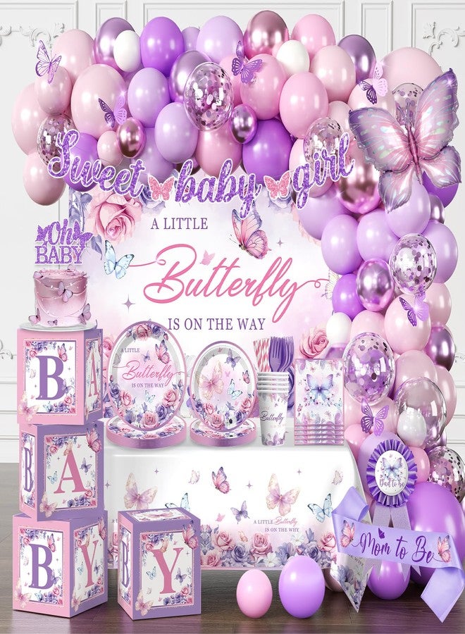 cocomigo Butterfly Baby Shower Decorations Balloons Plates and Cups and Napkins Sets Purple Pink Sweet Baby Girl Baby Shower Themes A Little Butterfly is on Her Way Decorations for Girl - Image 1