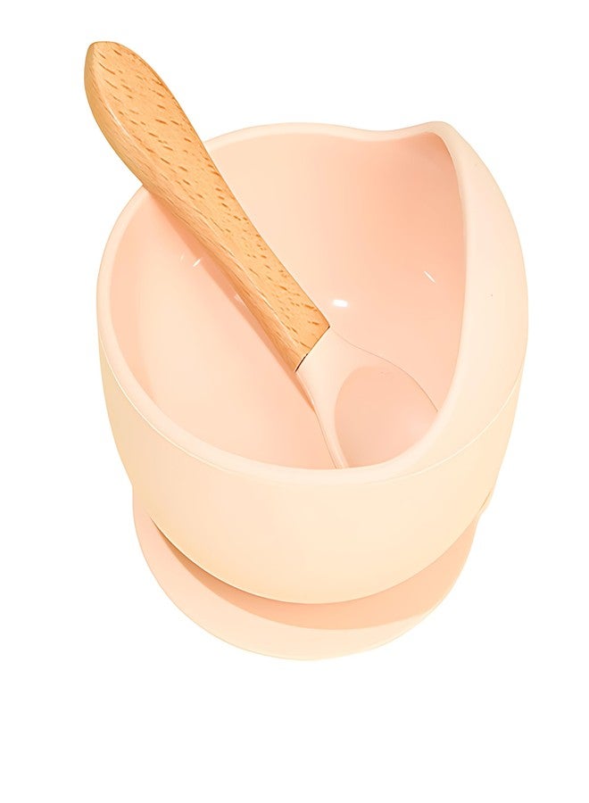 yomith Silicone Baby Food Bowl with Wooden Handle Spoon, Flexible Food-Grade Silicone, Big Super Suction Base, Non-Slip, Kids Training Feeding Tableware Eating Bowl (Pink 1 PCS) - Image 1